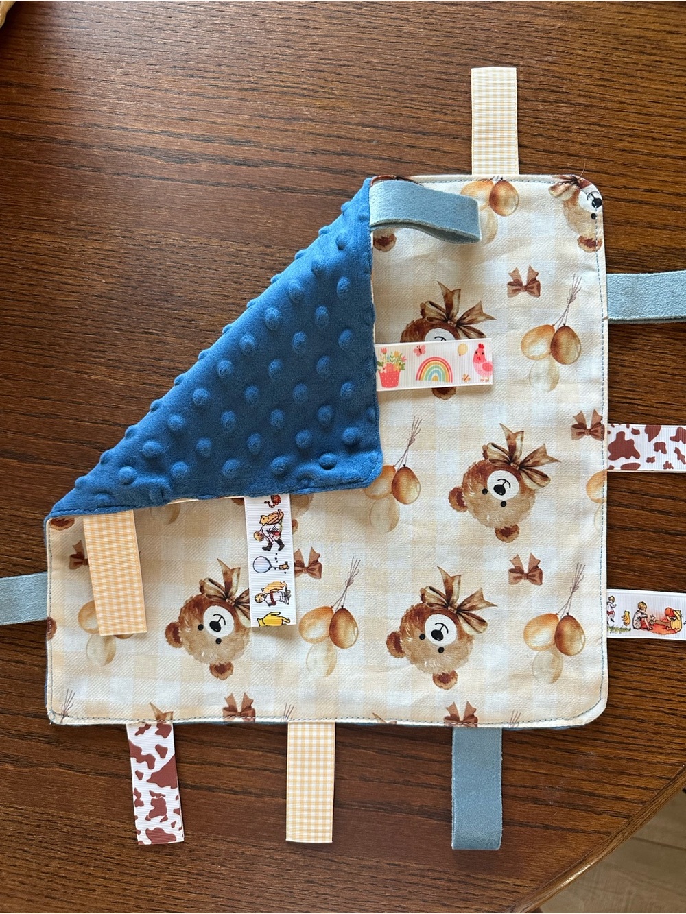 Baby Sensory Tag Blanket - Blue and Tan Bear Print handmade